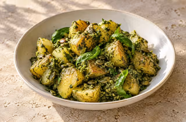 Patatas doradas con pesto de albahaca y calabaza, plato terminado
