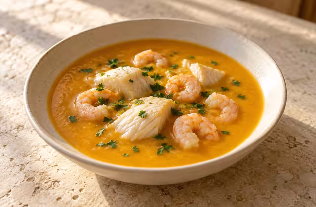 Sopa de pescado y marisco con calabaza, plato terminado