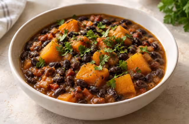 Alubias negras con calabaza, plato terminado