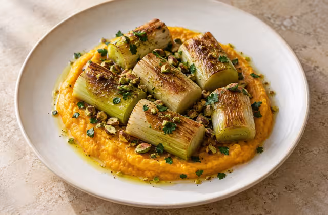 Puerros dorados con pur&eacute; de calabaza y pistachos, plato terminado