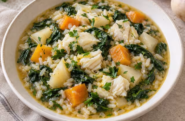 Arroz con espinacas, calabaza y bacalao, plato terminado