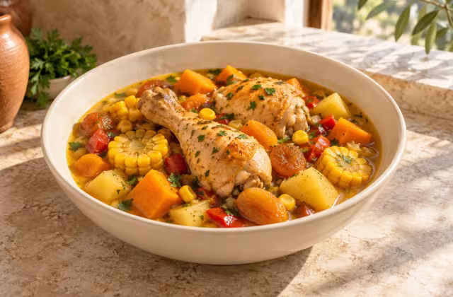 Carbonada de pollo con calabaza y ma&iacute;z, plato terminado