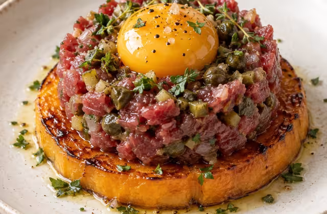 Steak tartar con calabaza caramelizada, plato terminado
