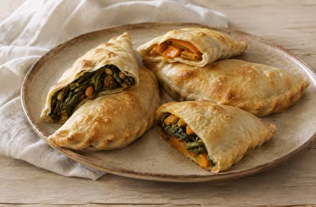 Panadons de espinacas, calabaza y frutos secos servido con un acabado casero y natural