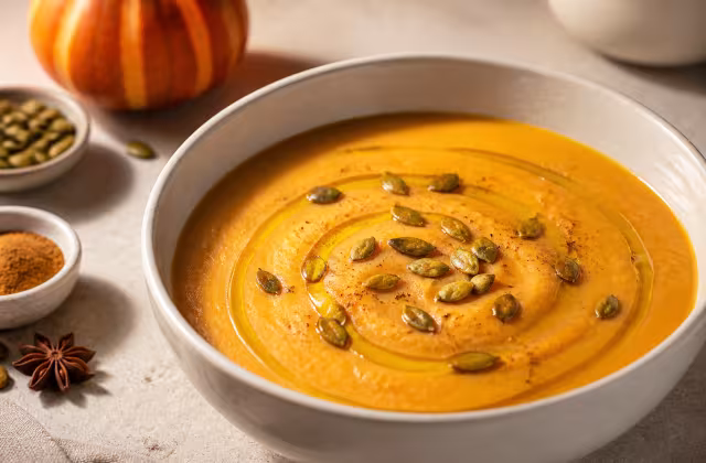 Crema de calabaza especiada con semillas y aceite de oliva